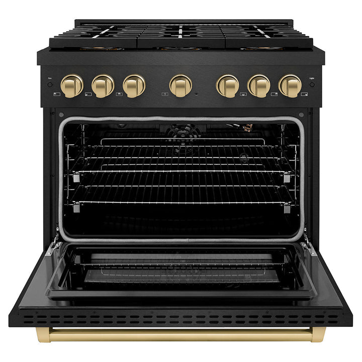 ZLINE Autograph Edition 36 in. 5.2 cu. ft. Paramount Gas Range with 6 Burner DuoProâ„¢ Cooktop and Convection Gas Oven in Black Satin Stainless Steel and Champagne Bronze Accents (PSGRBSZ-36-CB)