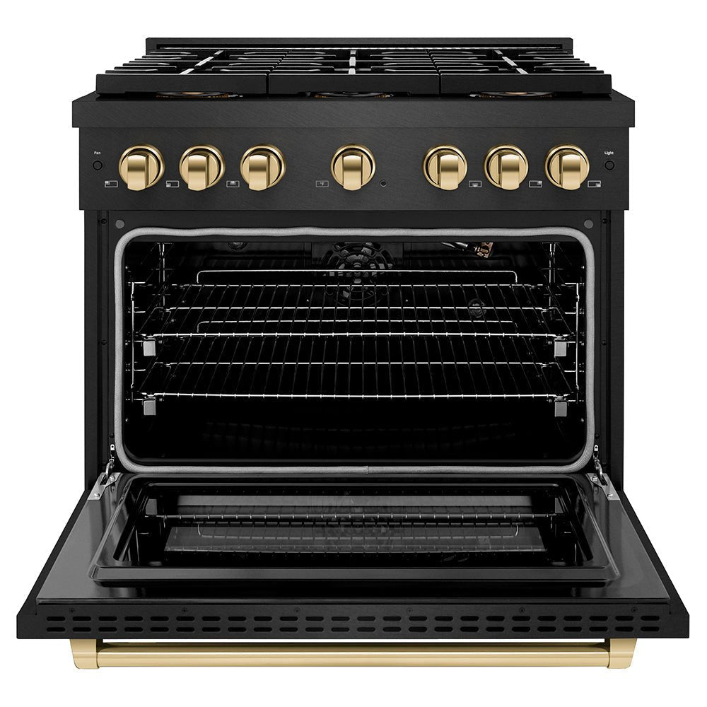 ZLINE Autograph Edition 36 in. 5.2 cu. ft. Paramount Gas Range with 6 Burner DuoProâ„¢ Cooktop and Convection Gas Oven in Black Satin Stainless Steel and Polished Gold Accents (PSGRBSZ-36-G)