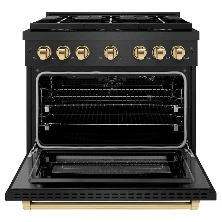 ZLINE Autograph Edition 36 in. 5.2 cu. ft. Paramount Gas Range with 6 Burner DuoProâ„¢ Cooktop and Convection Gas Oven in Black Satin Stainless Steel and Polished Gold Accents (PSGRBSZ-36-G)