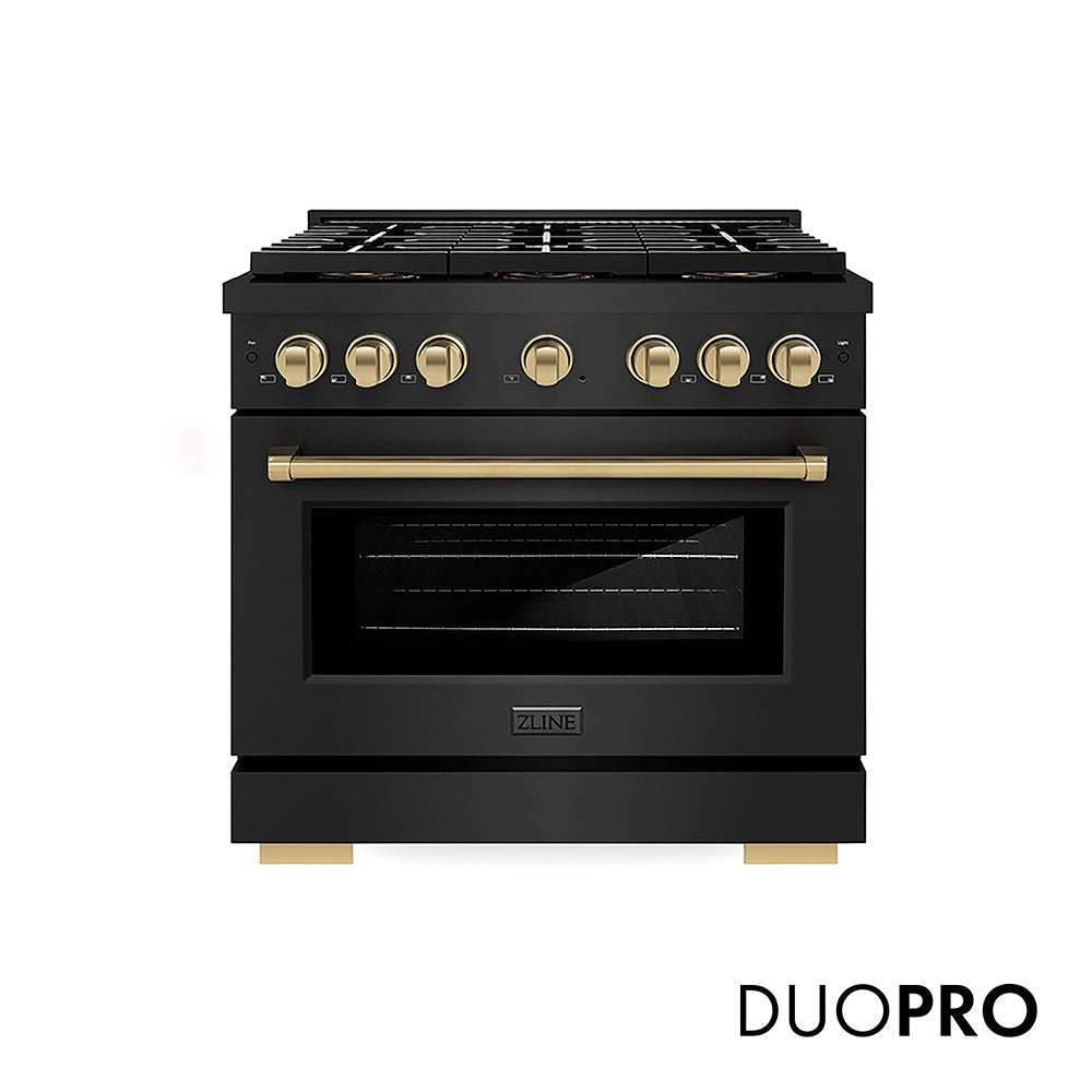 ZLINE Autograph Edition 36 in. 5.2 cu. ft. Paramount Gas Range with 6 Burner DuoProâ„¢ Cooktop and Convection Gas Oven in Black Stainless Steel and Champagne Bronze Accents (PSGRBZ-36-CB)