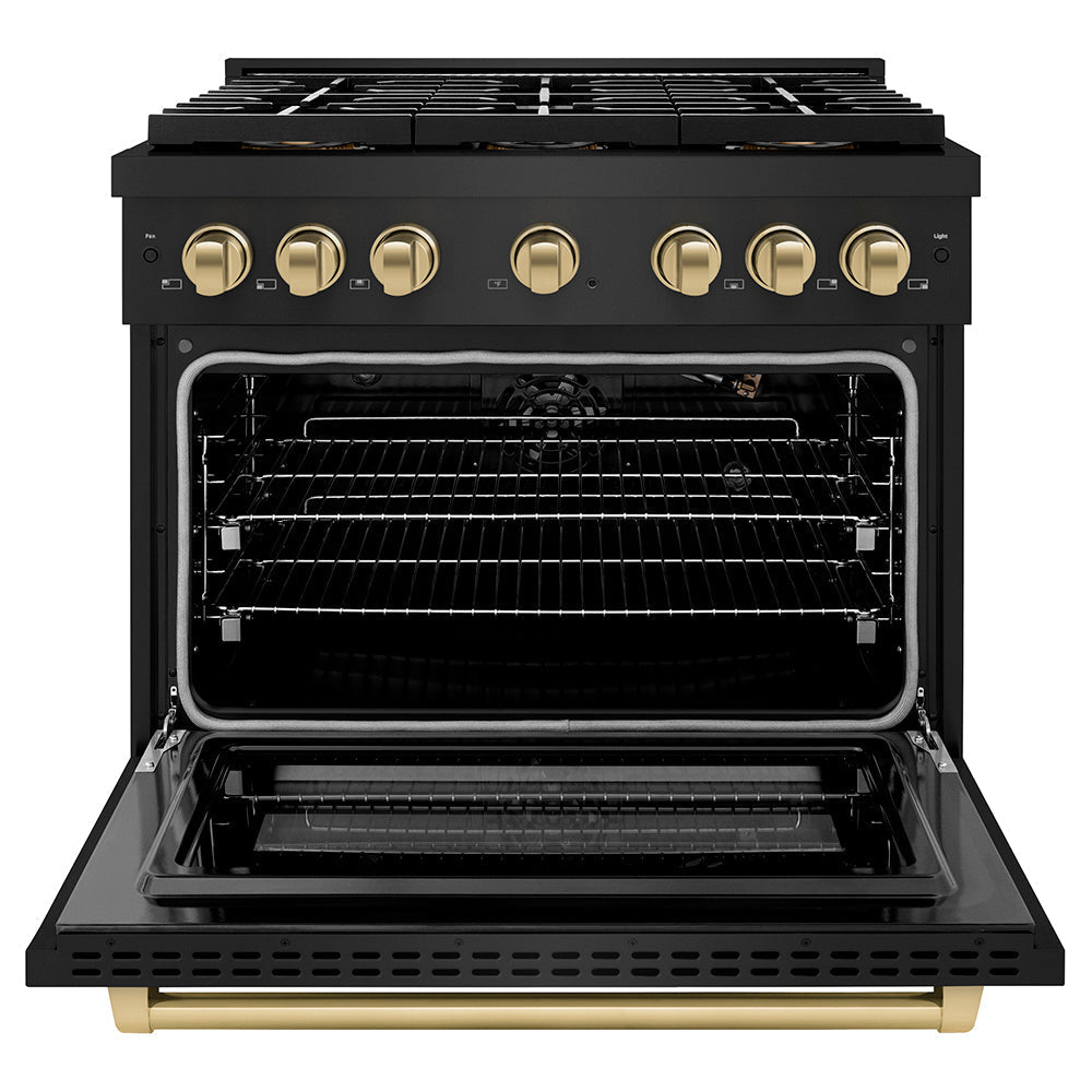 ZLINE Autograph Edition 36 in. 5.2 cu. ft. Paramount Gas Range with 6 Burner DuoProâ„¢ Cooktop and Convection Gas Oven in Black Stainless Steel and Champagne Bronze Accents (PSGRBZ-36-CB)