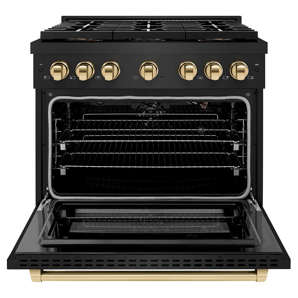 ZLINE Autograph Edition 36 in. 5.2 cu. ft. Paramount Gas Range with 6 Burner DuoProâ„¢ Cooktop and Convection Gas Oven in Black Stainless Steel and Polished Gold Accents (PSGRBZ-36-G)