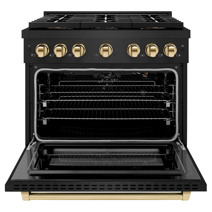 ZLINE Autograph Edition 36 in. 5.2 cu. ft. Paramount Gas Range with 6 Burner DuoProâ„¢ Cooktop and Convection Gas Oven in Black Stainless Steel and Polished Gold Accents (PSGRBZ-36-G)