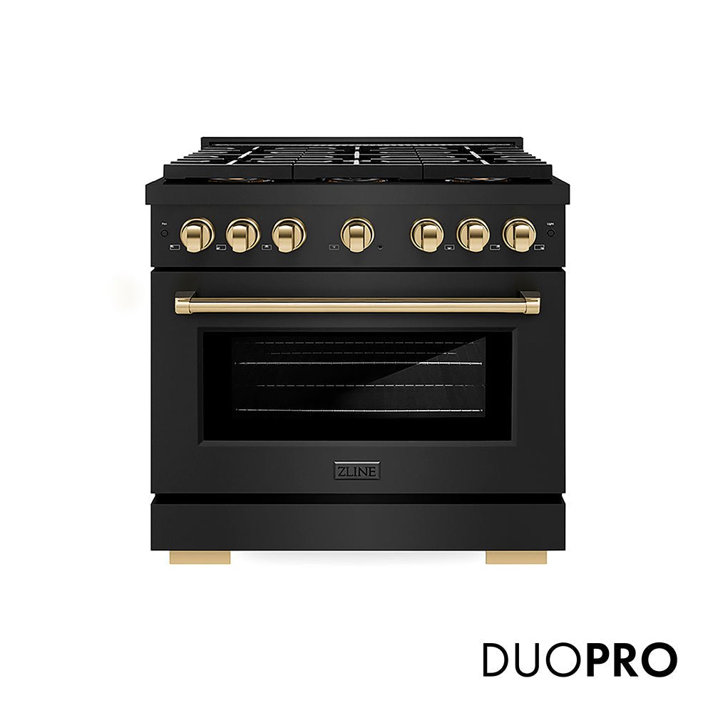 ZLINE Autograph Edition 36 in. 5.2 cu. ft. Paramount Gas Range with 6 Burner DuoProâ„¢ Cooktop and Convection Gas Oven in Black Stainless Steel and Polished Gold Accents (PSGRBZ-36-G)