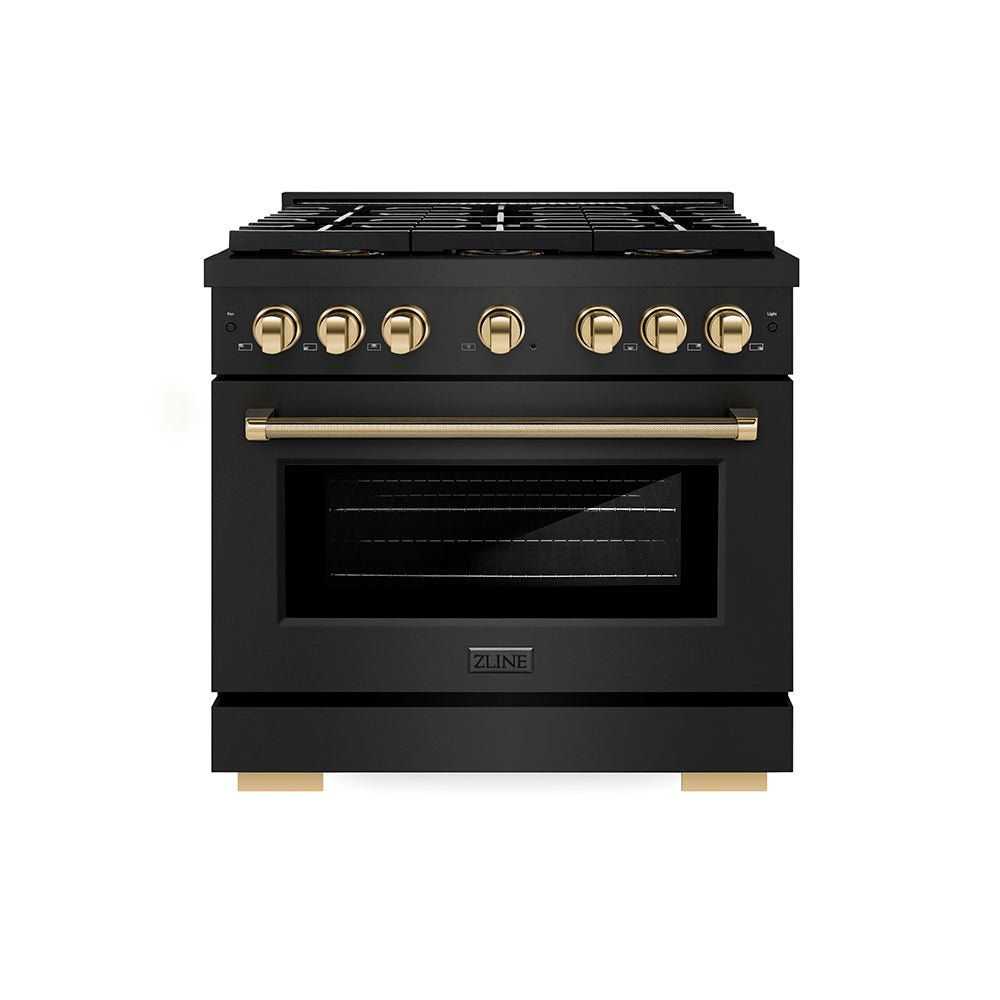 ZLINE Autograph Edition 36 in. 5.2 cu. ft. Paramount Gas Range with 6 Burner DuoProâ„¢ Cooktop and Convection Gas Oven in Black Stainless Steel with Polished Gold Helix Handle and Accents (PSGRBZ-36-KG)