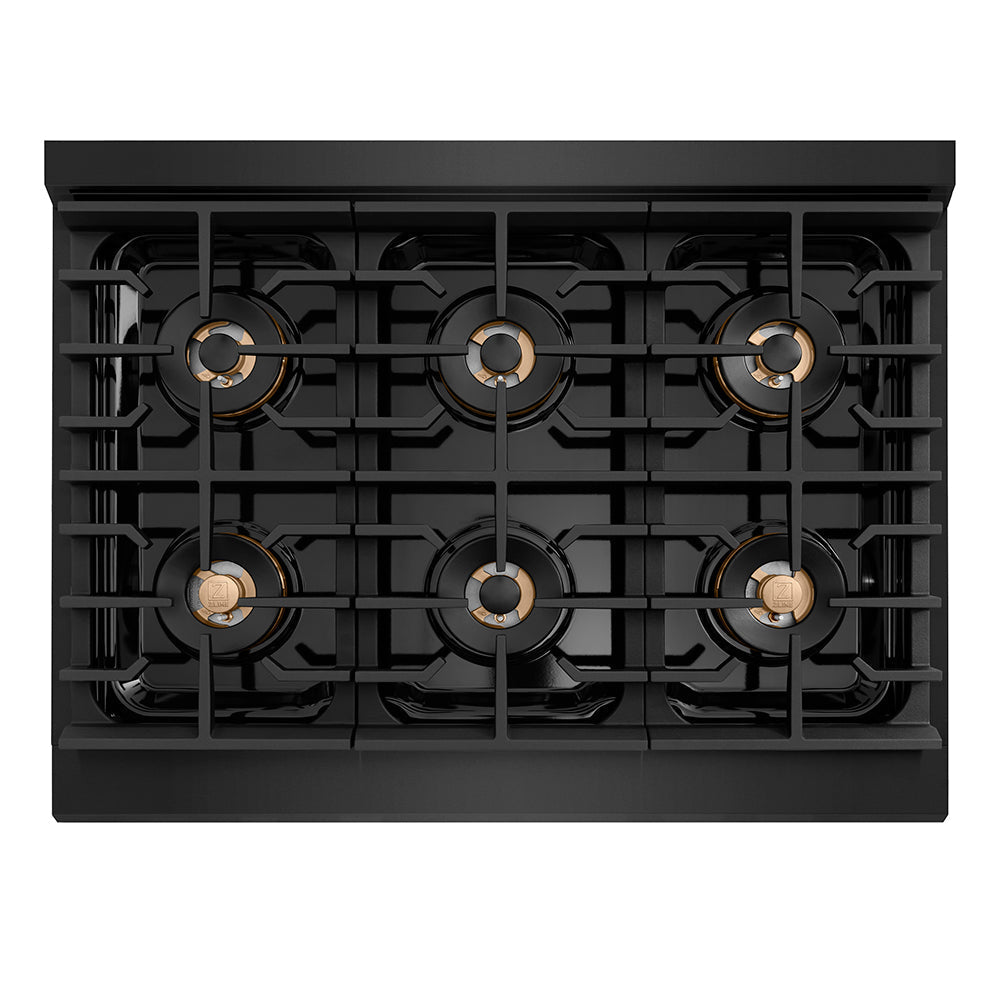 ZLINE Autograph Edition 36 in. 5.2 cu. ft. Paramount Gas Range with 6 Burner DuoProâ„¢ Cooktop and Convection Gas Oven in Black Stainless Steel with Polished Gold Helix Handle and Accents (PSGRBZ-36-KG)