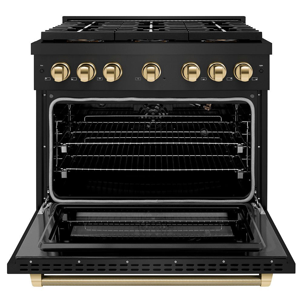 ZLINE Autograph Edition 36 in. 5.2 cu. ft. Paramount Gas Range with 6 Burner DuoProâ„¢ Cooktop and Convection Gas Oven in Black Stainless Steel with Polished Gold Helix Handle and Accents (PSGRBZ-36-KG)