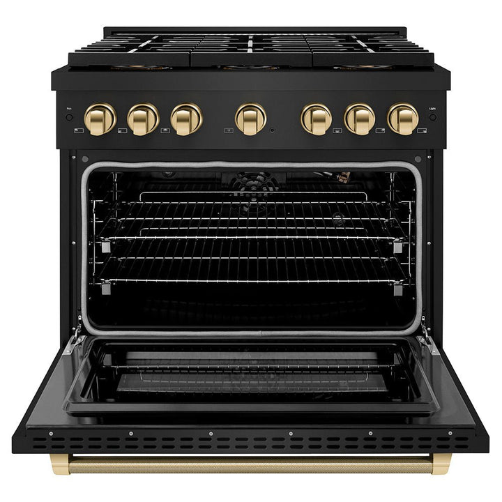 ZLINE Autograph Edition 36 in. 5.2 cu. ft. Paramount Gas Range with 6 Burner DuoProâ„¢ Cooktop and Convection Gas Oven in Black Stainless Steel with Polished Gold Helix Handle and Accents (PSGRBZ-36-KG)