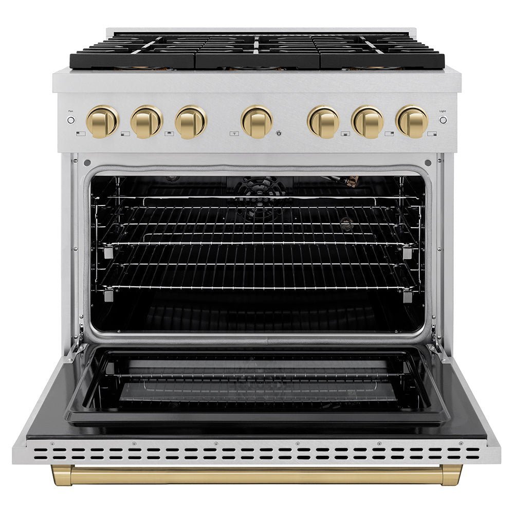 ZLINE Autograph Edition 36 in. 5.2 cu. ft. Paramount Gas Range with 6 Burner DuoProâ„¢ Cooktop and Convection Gas Oven in Satin Stainless Steel and Champagne Bronze Accents (PSGRSZ-36-CB)