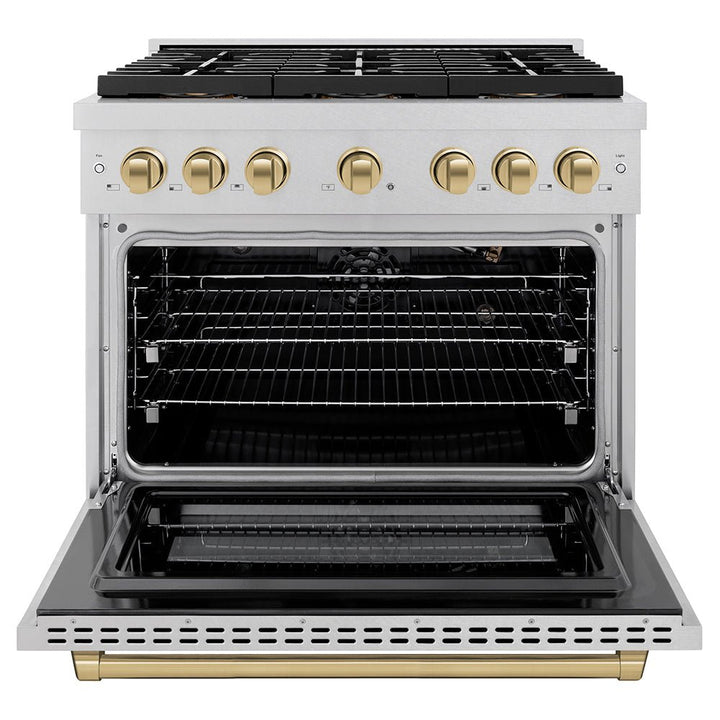 ZLINE Autograph Edition 36 in. 5.2 cu. ft. Paramount Gas Range with 6 Burner DuoProâ„¢ Cooktop and Convection Gas Oven in Satin Stainless Steel and Champagne Bronze Accents (PSGRSZ-36-CB)