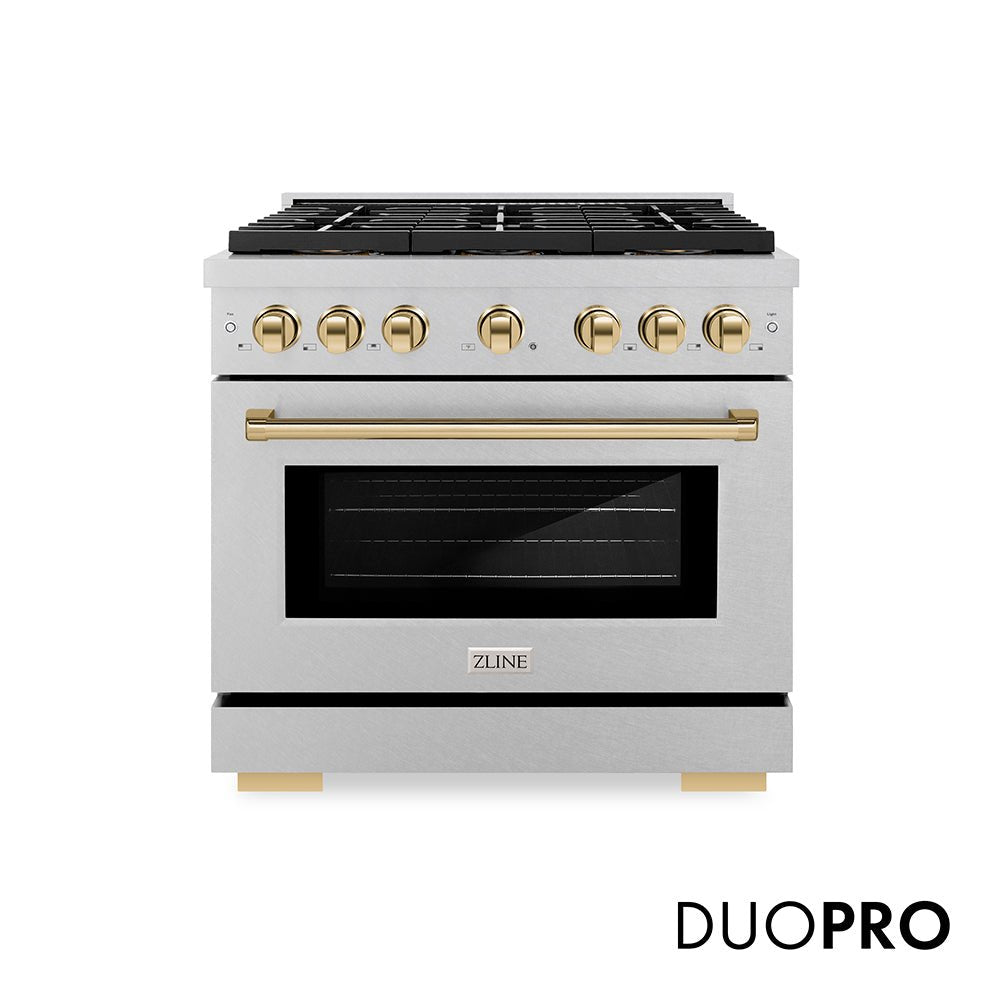 ZLINE Autograph Edition 36 in. 5.2 cu. ft. Paramount Gas Range with 6 Burner DuoProâ„¢ Cooktop and Convection Gas Oven in Satin Stainless Steel and Champagne Bronze Accents (PSGRSZ-36-CB)