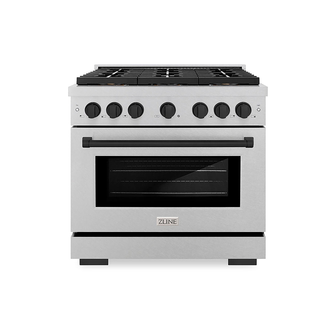 ZLINE Autograph Edition 36 in. 5.2 cu. ft. Paramount Gas Range with 6 Burner DuoProâ„¢ Cooktop and Convection Gas Oven in Satin Stainless Steel and Matte Black Accents (PSGRSZ-36-MB)