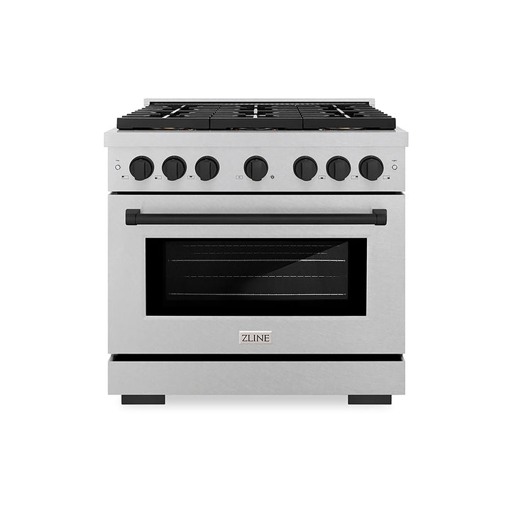 ZLINE Autograph Edition 36 in. 5.2 cu. ft. Paramount Gas Range with 6 Burner DuoProâ„¢ Cooktop and Convection Gas Oven in Satin Stainless Steel and Matte Black Accents (PSGRSZ-36-MB)