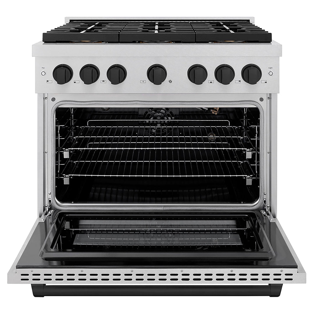 ZLINE Autograph Edition 36 in. 5.2 cu. ft. Paramount Gas Range with 6 Burner DuoProâ„¢ Cooktop and Convection Gas Oven in Satin Stainless Steel and Matte Black Accents (PSGRSZ-36-MB)