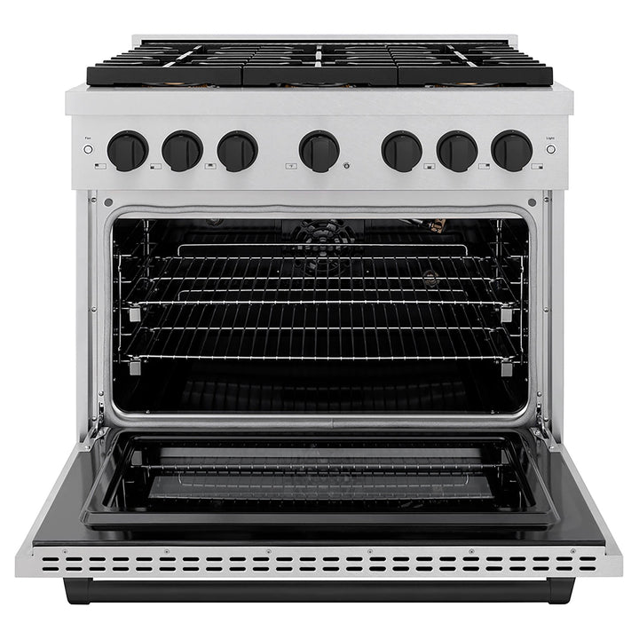 ZLINE Autograph Edition 36 in. 5.2 cu. ft. Paramount Gas Range with 6 Burner DuoProâ„¢ Cooktop and Convection Gas Oven in Satin Stainless Steel and Matte Black Accents (PSGRSZ-36-MB)