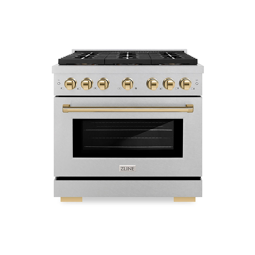 ZLINE Autograph Edition 36 in. 5.2 cu. ft. Paramount Gas Range with 6 Burner DuoProâ„¢ Cooktop and Convection Gas Oven in Satin Stainless Steel and Polished Gold Accents (PSGRSZ-36-G)