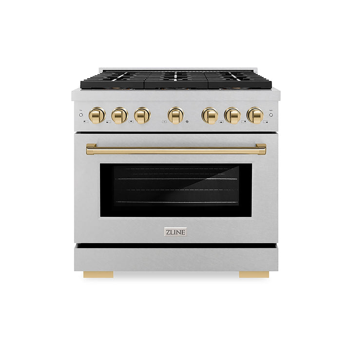 ZLINE Autograph Edition 36 in. 5.2 cu. ft. Paramount Gas Range with 6 Burner DuoProâ„¢ Cooktop and Convection Gas Oven in Satin Stainless Steel and Polished Gold Accents (PSGRSZ-36-G)