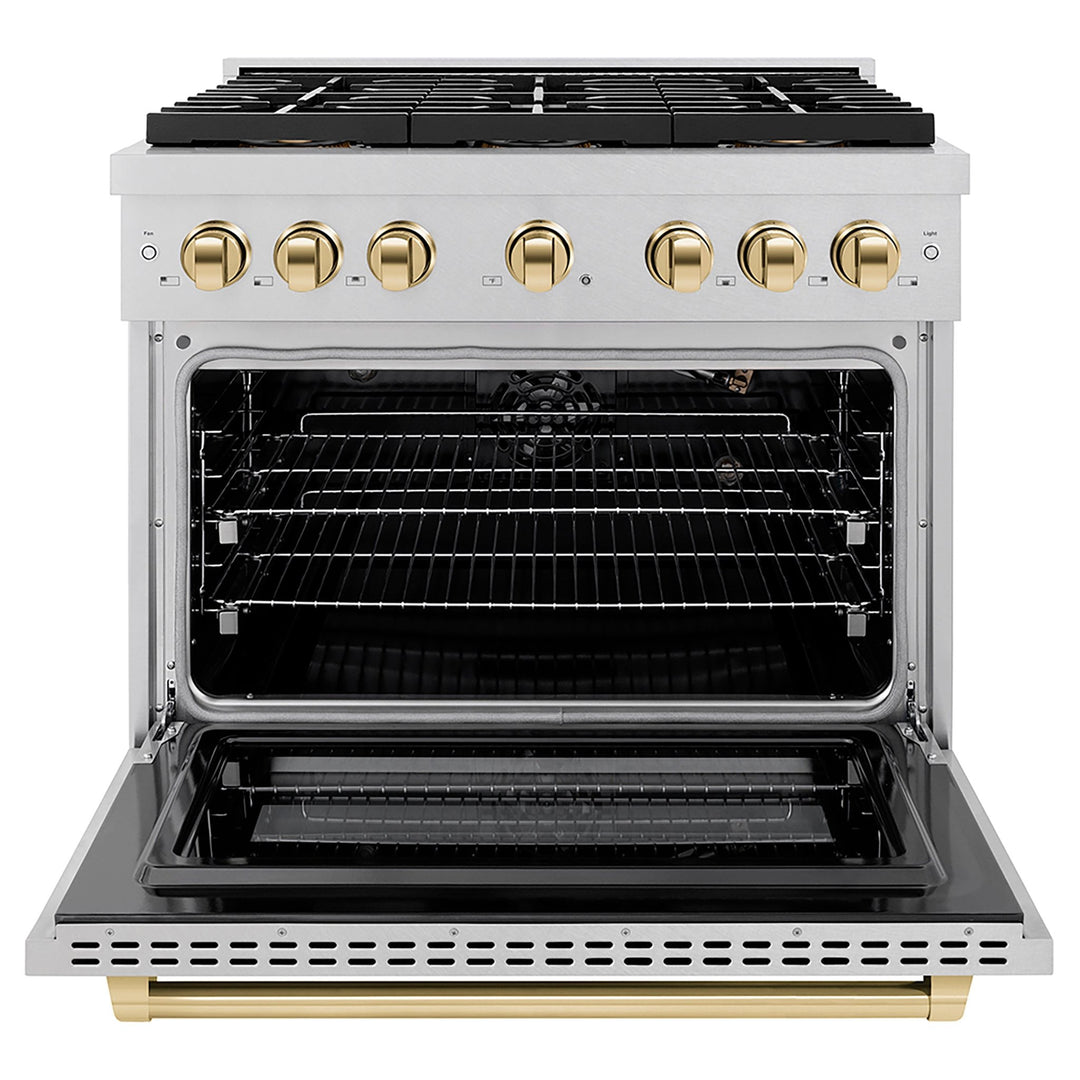 ZLINE Autograph Edition 36 in. 5.2 cu. ft. Paramount Gas Range with 6 Burner DuoProâ„¢ Cooktop and Convection Gas Oven in Satin Stainless Steel and Polished Gold Accents (PSGRSZ-36-G)