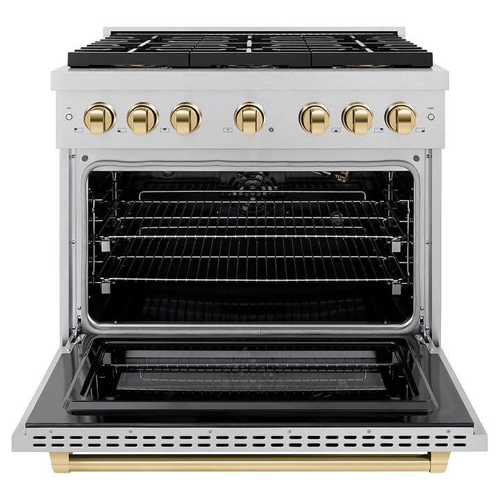 ZLINE Autograph Edition 36 in. 5.2 cu. ft. Paramount Gas Range with 6 Burner DuoProâ„¢ Cooktop and Convection Gas Oven in Satin Stainless Steel and Polished Gold Accents (PSGRSZ-36-G)