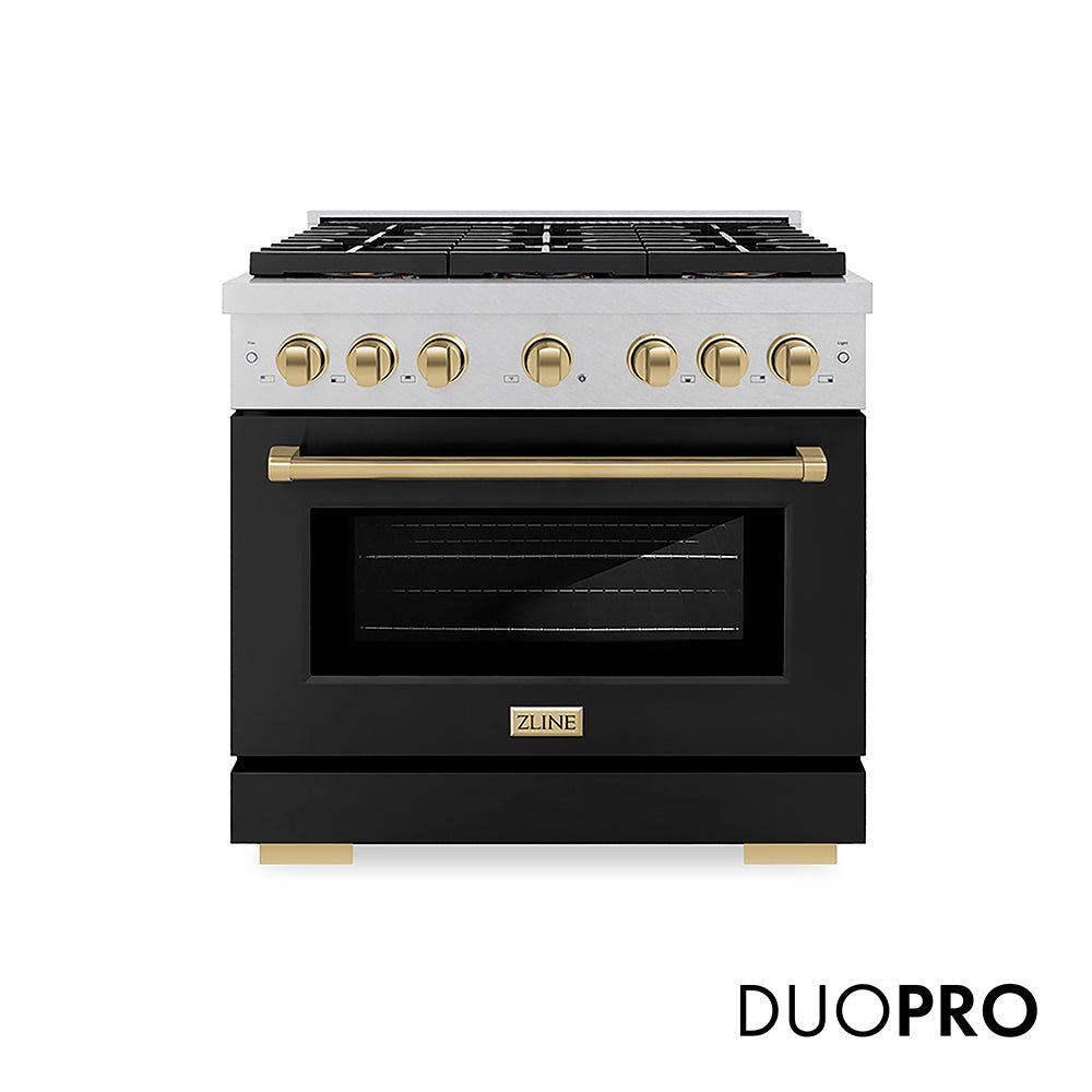 ZLINE Autograph Edition 36 in. 5.2 cu. ft. Paramount Gas Range with 6 Burner DuoProâ„¢ Cooktop and Convection Gas Oven in Satin Stainless Steel with Black Matte Door and Champagne Bronze Accents (PSGRSZ-BLM36-CB)
