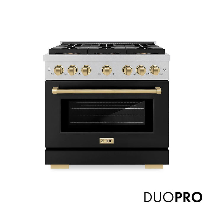 ZLINE Autograph Edition 36 in. 5.2 cu. ft. Paramount Gas Range with 6 Burner DuoProâ„¢ Cooktop and Convection Gas Oven in Satin Stainless Steel with Black Matte Door and Champagne Bronze Accents (PSGRSZ-BLM36-CB)