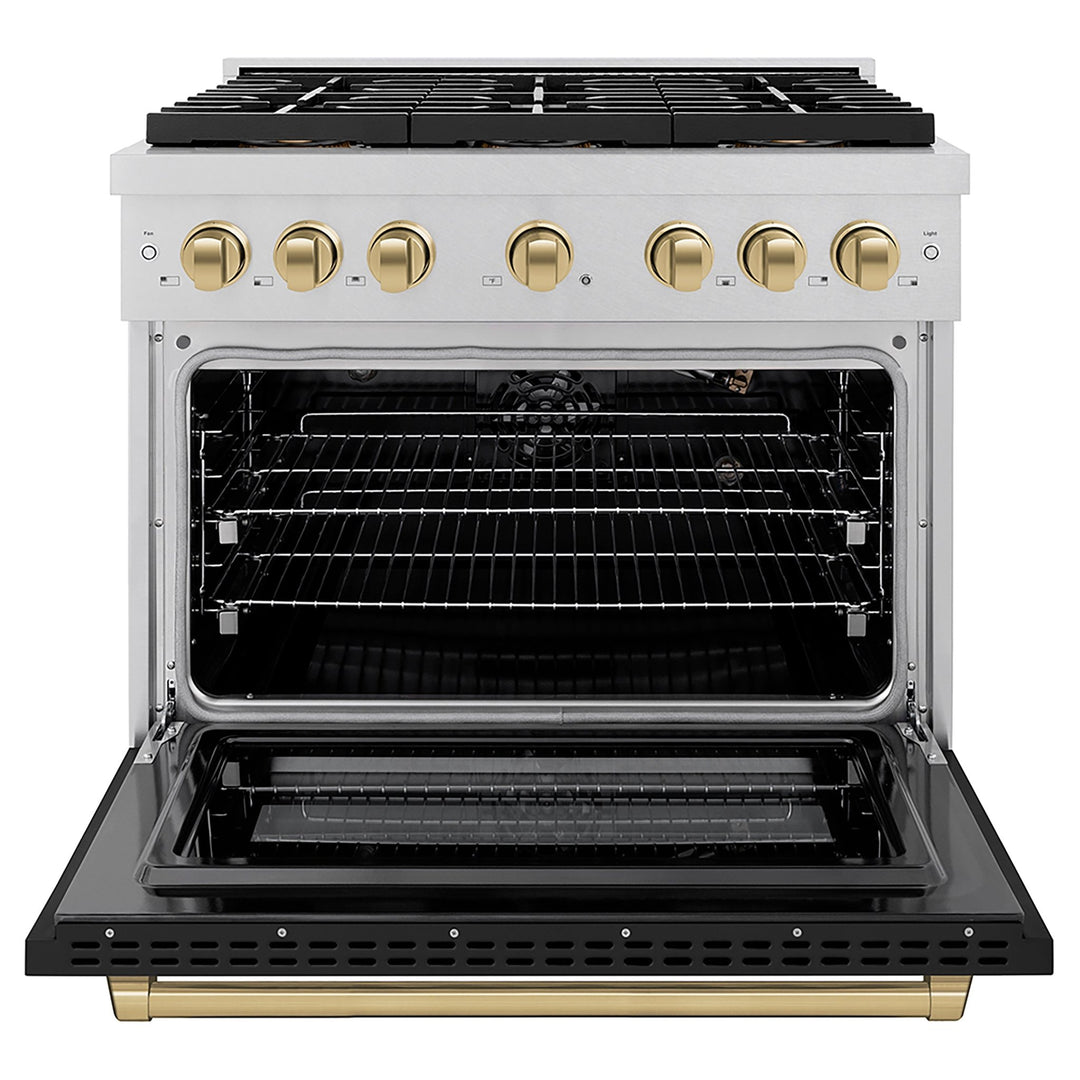 ZLINE Autograph Edition 36 in. 5.2 cu. ft. Paramount Gas Range with 6 Burner DuoProâ„¢ Cooktop and Convection Gas Oven in Satin Stainless Steel with Black Matte Door and Champagne Bronze Accents (PSGRSZ-BLM36-CB)