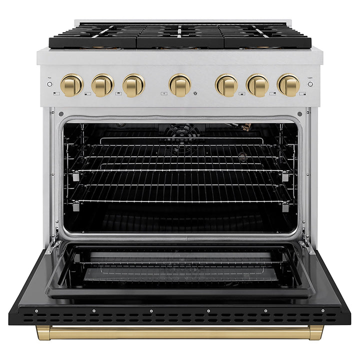 ZLINE Autograph Edition 36 in. 5.2 cu. ft. Paramount Gas Range with 6 Burner DuoProâ„¢ Cooktop and Convection Gas Oven in Satin Stainless Steel with Black Matte Door and Champagne Bronze Accents (PSGRSZ-BLM36-CB)