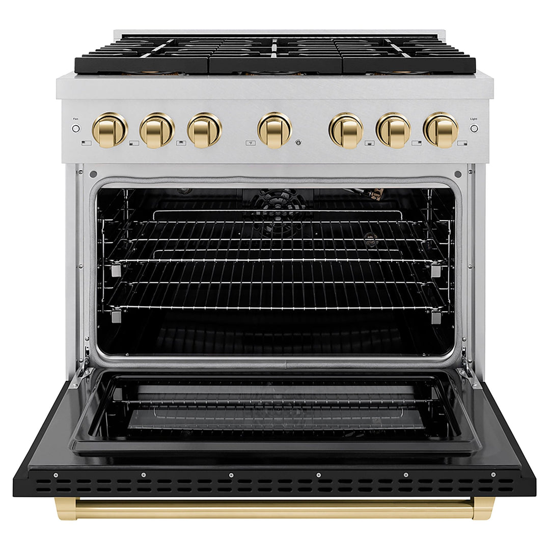 ZLINE Autograph Edition 36 in. 5.2 cu. ft. Paramount Gas Range with 6 Burner DuoProâ„¢ Cooktop and Convection Gas Oven in Satin Stainless Steel with Black Matte Door and Polished Gold Accents (PSGRSZ-BLM36-G)