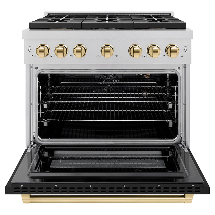 ZLINE Autograph Edition 36 in. 5.2 cu. ft. Paramount Gas Range with 6 Burner DuoProâ„¢ Cooktop and Convection Gas Oven in Satin Stainless Steel with Black Matte Door and Polished Gold Accents (PSGRSZ-BLM36-G)