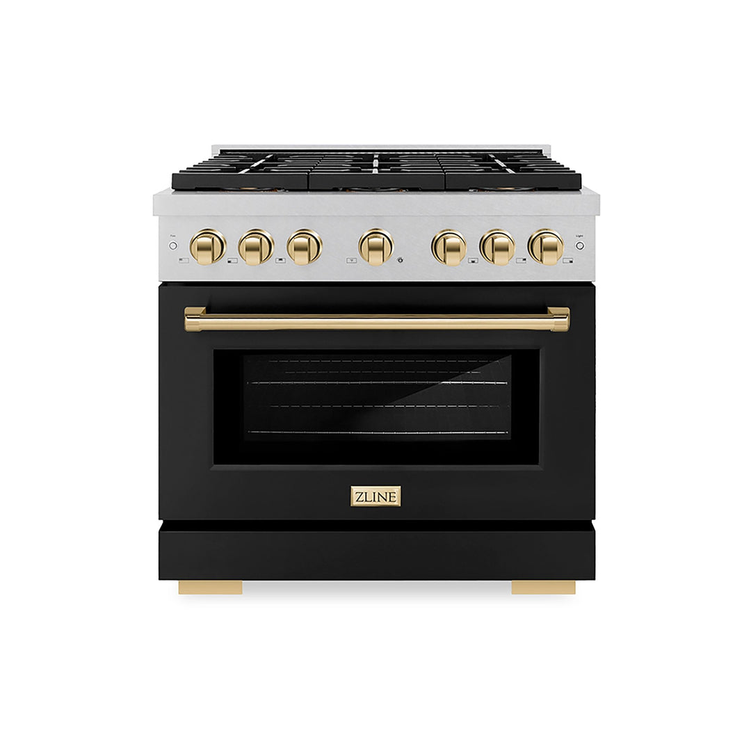 ZLINE Autograph Edition 36 in. 5.2 cu. ft. Paramount Gas Range with 6 Burner DuoProâ„¢ Cooktop and Convection Gas Oven in Satin Stainless Steel with Black Matte Door and Polished Gold Accents (PSGRSZ-BLM36-G)