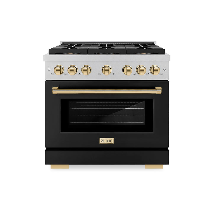 ZLINE Autograph Edition 36 in. 5.2 cu. ft. Paramount Gas Range with 6 Burner DuoProâ„¢ Cooktop and Convection Gas Oven in Satin Stainless Steel with Black Matte Door and Polished Gold Accents (PSGRSZ-BLM36-G)
