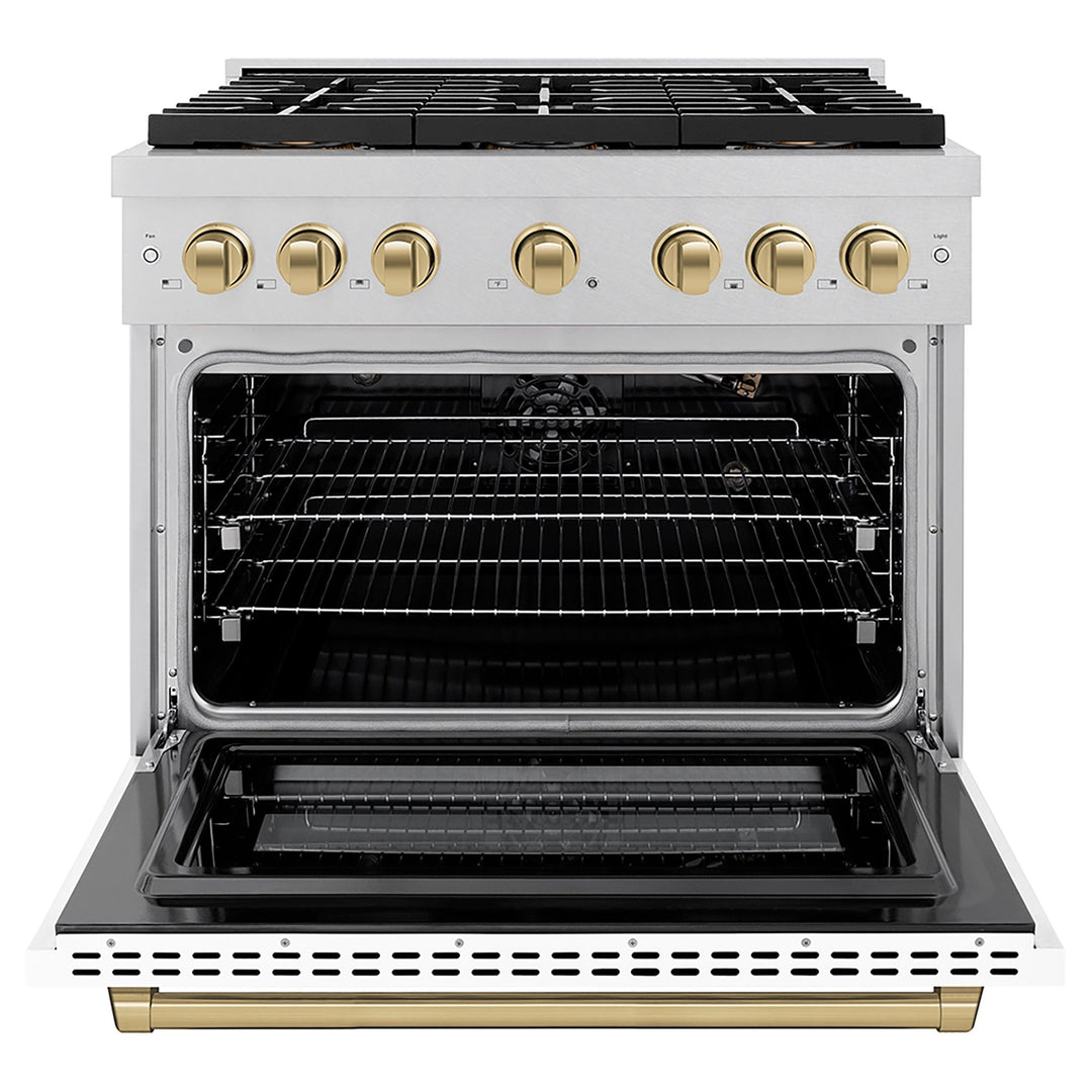 ZLINE Autograph Edition 36 in. 5.2 cu. ft. Paramount Gas Range with 6 Burner DuoProâ„¢ Cooktop and Convection Gas Oven in Satin Stainless Steel with White Matte Door and Champagne Bronze Accents (PSGRSZ-WM-36-CB)