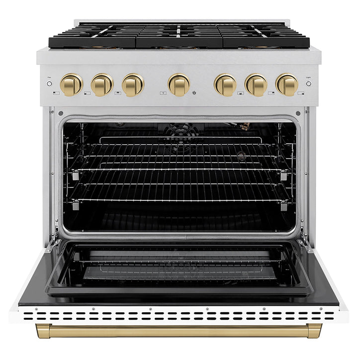 ZLINE Autograph Edition 36 in. 5.2 cu. ft. Paramount Gas Range with 6 Burner DuoProâ„¢ Cooktop and Convection Gas Oven in Satin Stainless Steel with White Matte Door and Champagne Bronze Accents (PSGRSZ-WM-36-CB)
