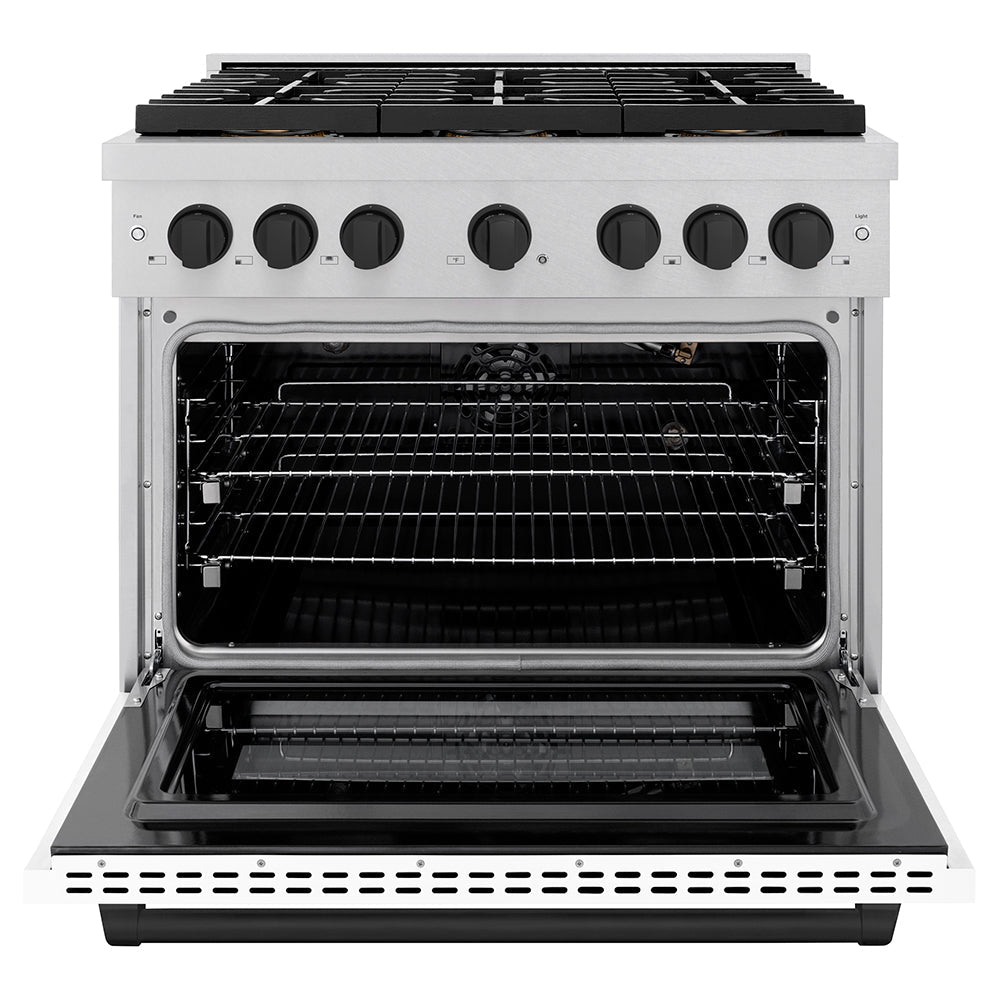 ZLINE Autograph Edition 36 in. 5.2 cu. ft. Paramount Gas Range with 6 Burner DuoProâ„¢ Cooktop and Convection Gas Oven in Satin Stainless Steel with White Matte Door and Matte Black Accents (PSGRSZ-WM-36-MB)