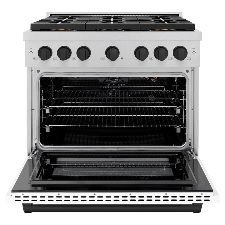 ZLINE Autograph Edition 36 in. 5.2 cu. ft. Paramount Gas Range with 6 Burner DuoProâ„¢ Cooktop and Convection Gas Oven in Satin Stainless Steel with White Matte Door and Matte Black Accents (PSGRSZ-WM-36-MB)