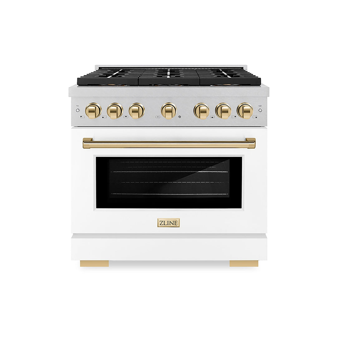 ZLINE Autograph Edition 36 in. 5.2 cu. ft. Paramount Gas Range with 6 Burner DuoProâ„¢ Cooktop and Convection Gas Oven in Satin Stainless Steel with White Matte Door and Polished Gold Accents (PSGRSZ-WM-36-G)