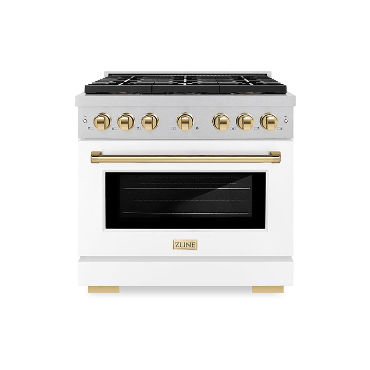 ZLINE Autograph Edition 36 in. 5.2 cu. ft. Paramount Gas Range with 6 Burner DuoProâ„¢ Cooktop and Convection Gas Oven in Satin Stainless Steel with White Matte Door and Polished Gold Accents (PSGRSZ-WM-36-G)
