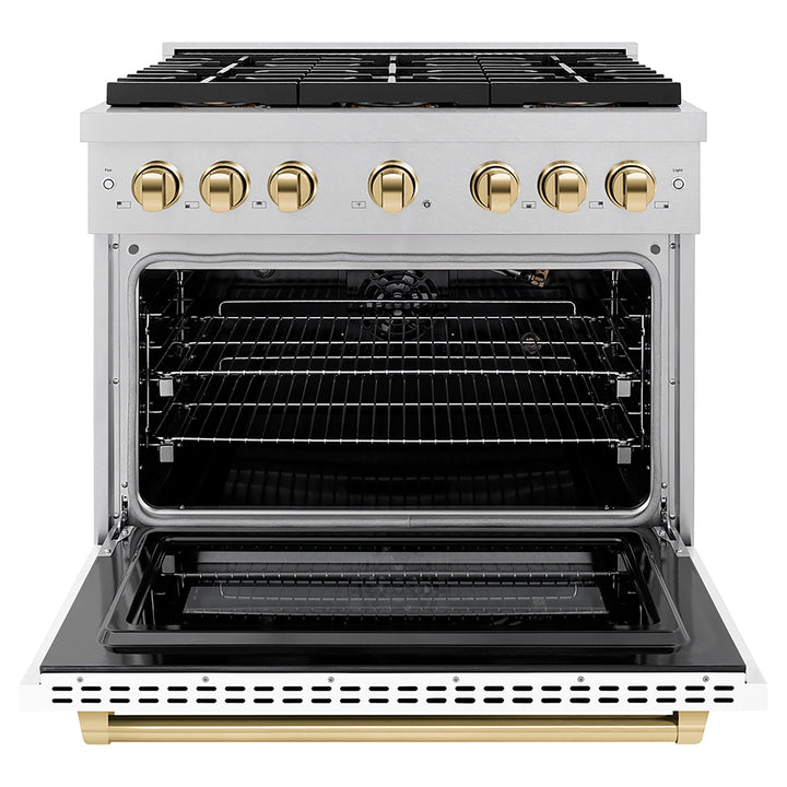 ZLINE Autograph Edition 36 in. 5.2 cu. ft. Paramount Gas Range with 6 Burner DuoProâ„¢ Cooktop and Convection Gas Oven in Satin Stainless Steel with White Matte Door and Polished Gold Accents (PSGRSZ-WM-36-G)