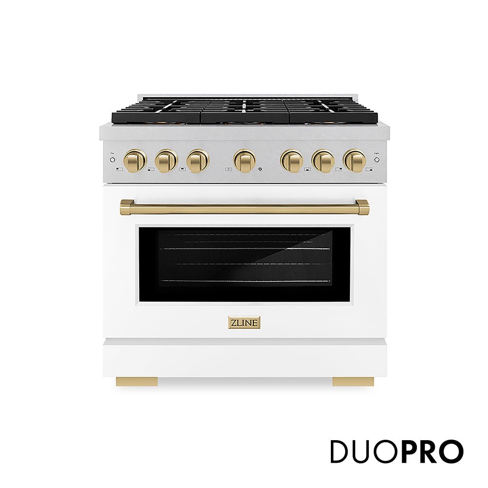 ZLINE Autograph Edition 36 in. 5.2 cu. ft. Paramount Gas Range with 6 Burner DuoProâ„¢ Cooktop and Convection Gas Oven in Satin Stainless Steel with White Matte Door and Champagne Bronze Accents (PSGRSZ-WM-36-CB)
