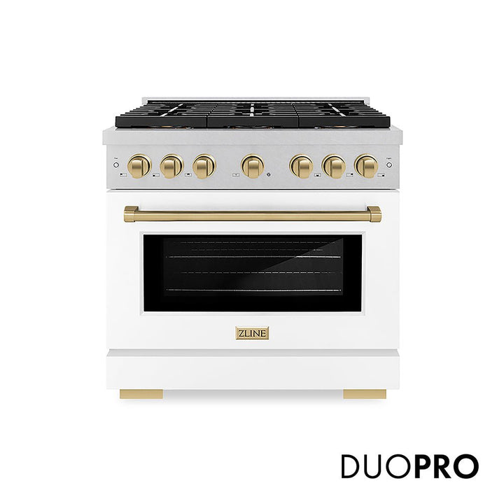 ZLINE Autograph Edition 36 in. 5.2 cu. ft. Paramount Gas Range with 6 Burner DuoProâ„¢ Cooktop and Convection Gas Oven in Satin Stainless Steel with White Matte Door and Champagne Bronze Accents (PSGRSZ-WM-36-CB)