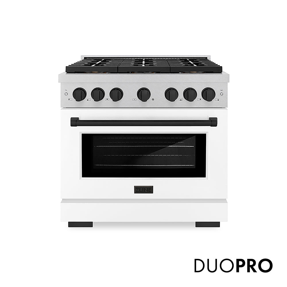 ZLINE Autograph Edition 36 in. 5.2 cu. ft. Paramount Gas Range with 6 Burner DuoProâ„¢ Cooktop and Convection Gas Oven in Satin Stainless Steel with White Matte Door and Matte Black Accents (PSGRSZ-WM-36-MB)