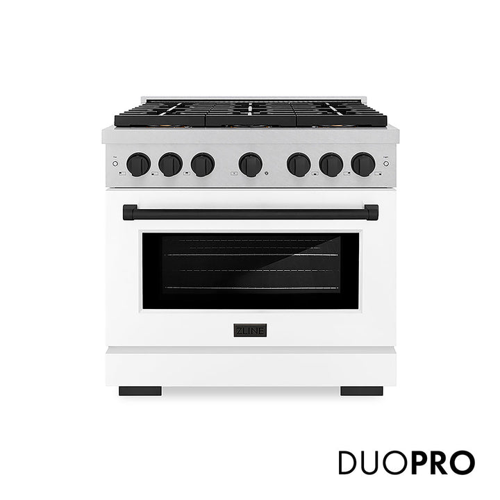 ZLINE Autograph Edition 36 in. 5.2 cu. ft. Paramount Gas Range with 6 Burner DuoProâ„¢ Cooktop and Convection Gas Oven in Satin Stainless Steel with White Matte Door and Matte Black Accents (PSGRSZ-WM-36-MB)