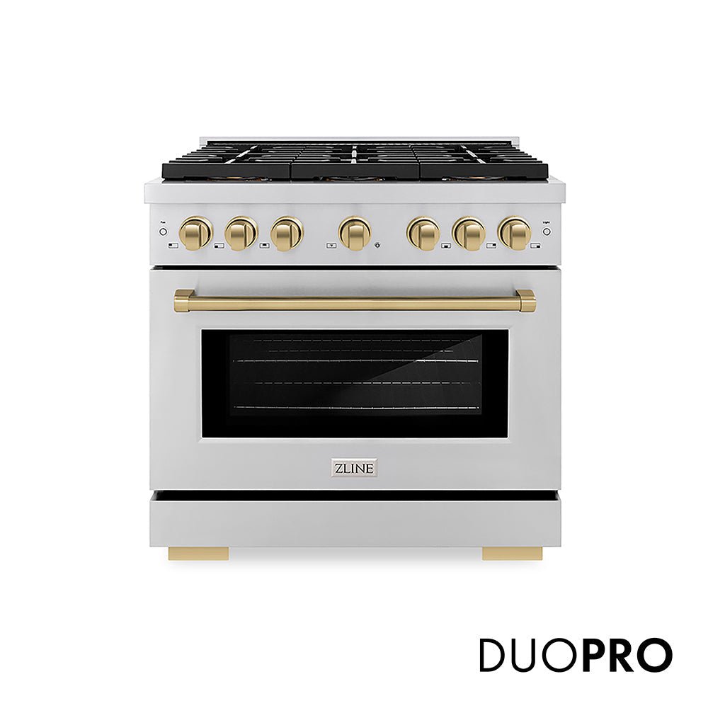 ZLINE Autograph Edition 36 in. 5.2 cu. ft. Paramount Gas Range with 6 Burner DuoProâ„¢ Cooktop and Convection Gas Oven in Stainless Steel and Champagne Bronze Accents (PSGRZ-36-CB)