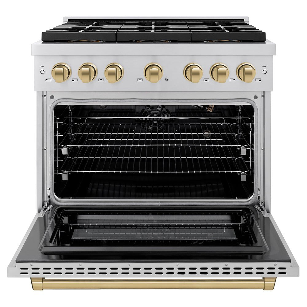 ZLINE Autograph Edition 36 in. 5.2 cu. ft. Paramount Gas Range with 6 Burner DuoProâ„¢ Cooktop and Convection Gas Oven in Stainless Steel and Champagne Bronze Accents (PSGRZ-36-CB)