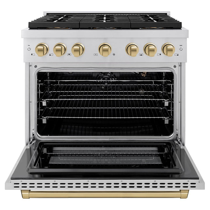 ZLINE Autograph Edition 36 in. 5.2 cu. ft. Paramount Gas Range with 6 Burner DuoProâ„¢ Cooktop and Convection Gas Oven in Stainless Steel and Champagne Bronze Accents (PSGRZ-36-CB)