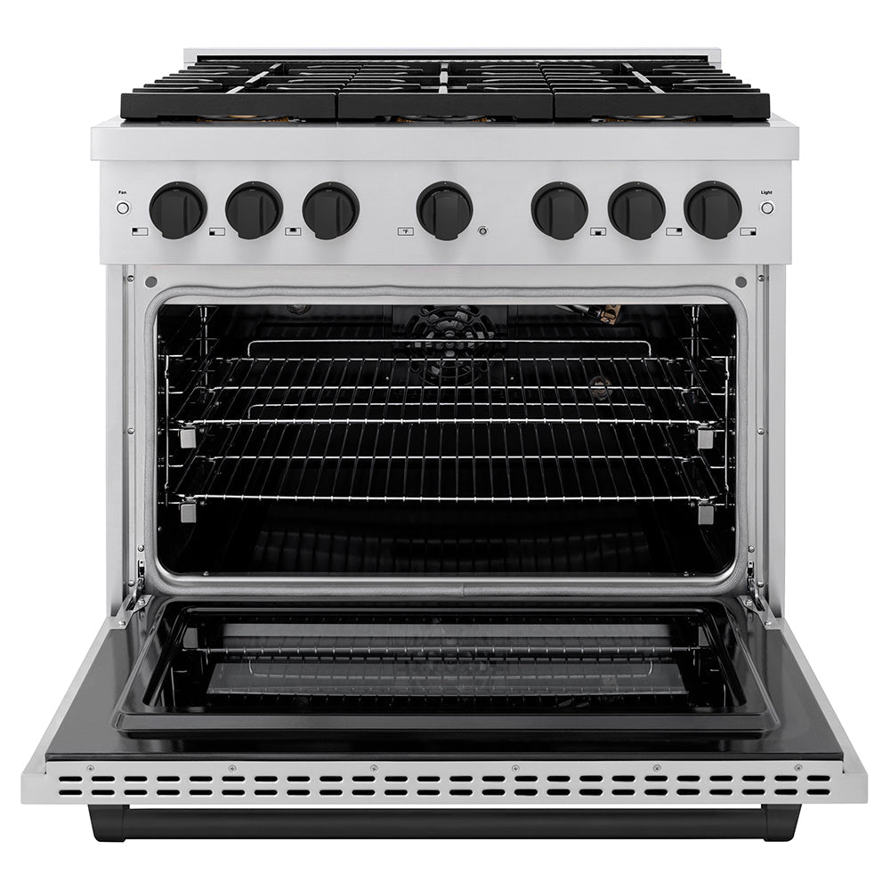 ZLINE Autograph Edition 36 in. 5.2 cu. ft. Paramount Gas Range with 6 Burner DuoProâ„¢ Cooktop and Convection Gas Oven in Stainless Steel and Matte Black Accents (PSGRZ-36-MB)