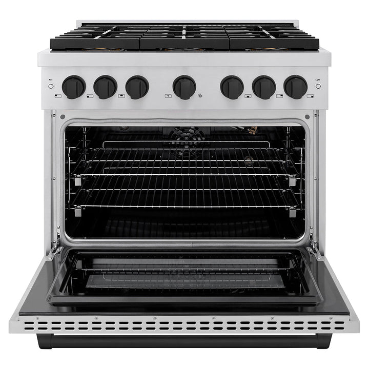 ZLINE Autograph Edition 36 in. 5.2 cu. ft. Paramount Gas Range with 6 Burner DuoProâ„¢ Cooktop and Convection Gas Oven in Stainless Steel and Matte Black Accents (PSGRZ-36-MB)