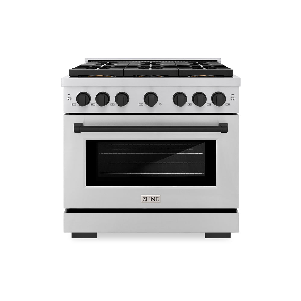 ZLINE Autograph Edition 36 in. 5.2 cu. ft. Paramount Gas Range with 6 Burner DuoProâ„¢ Cooktop and Convection Gas Oven in Stainless Steel and Matte Black Accents (PSGRZ-36-MB)