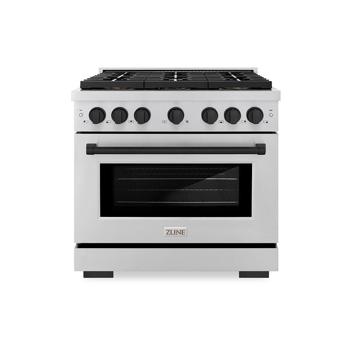 ZLINE Autograph Edition 36 in. 5.2 cu. ft. Paramount Gas Range with 6 Burner DuoProâ„¢ Cooktop and Convection Gas Oven in Stainless Steel and Matte Black Accents (PSGRZ-36-MB)
