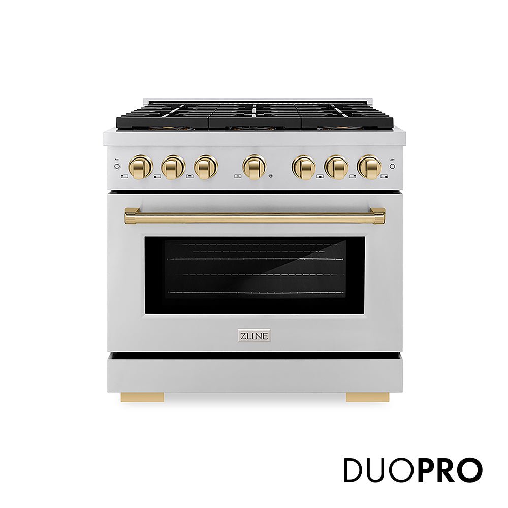 ZLINE Autograph Edition 36 in. 5.2 cu. ft. Paramount Gas Range with 6 Burner DuoProâ„¢ Cooktop and Convection Gas Oven in Stainless Steel and Polished Gold Accents (PSGRZ-36-G)